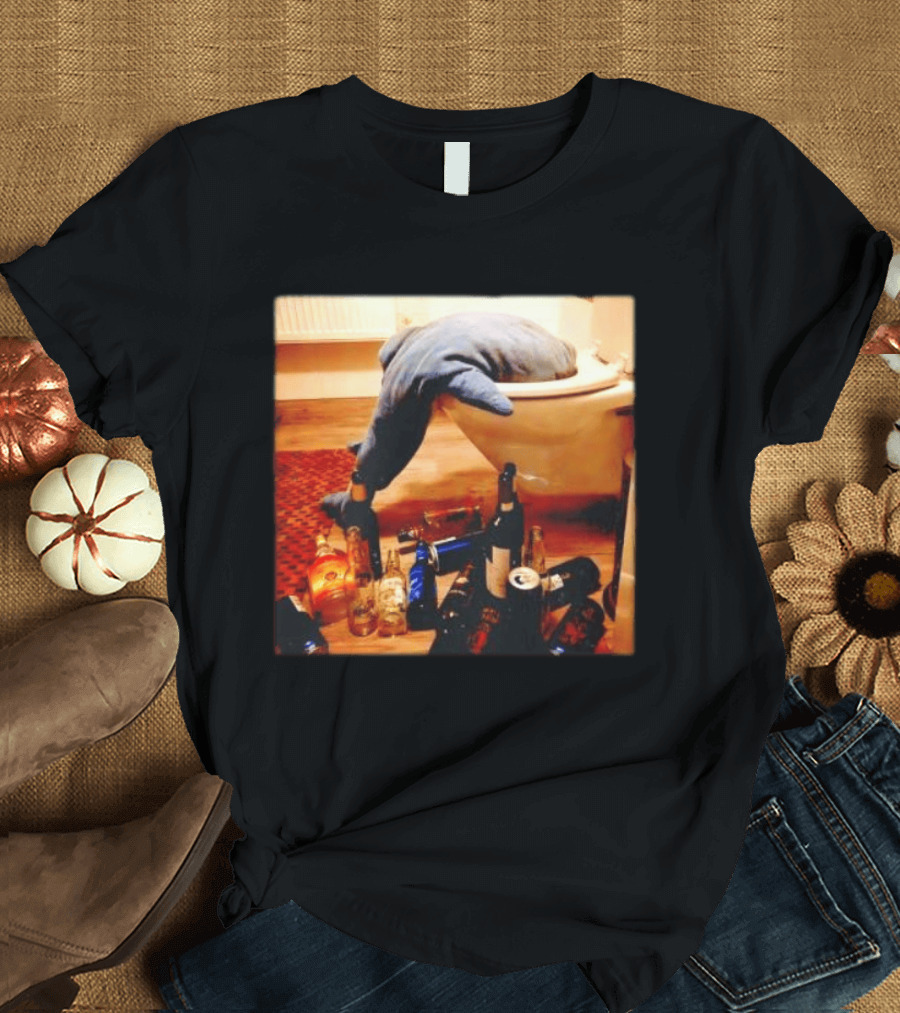 Shark Over Toilet With Alcohol Bottles Party Aftermath T-Shirt