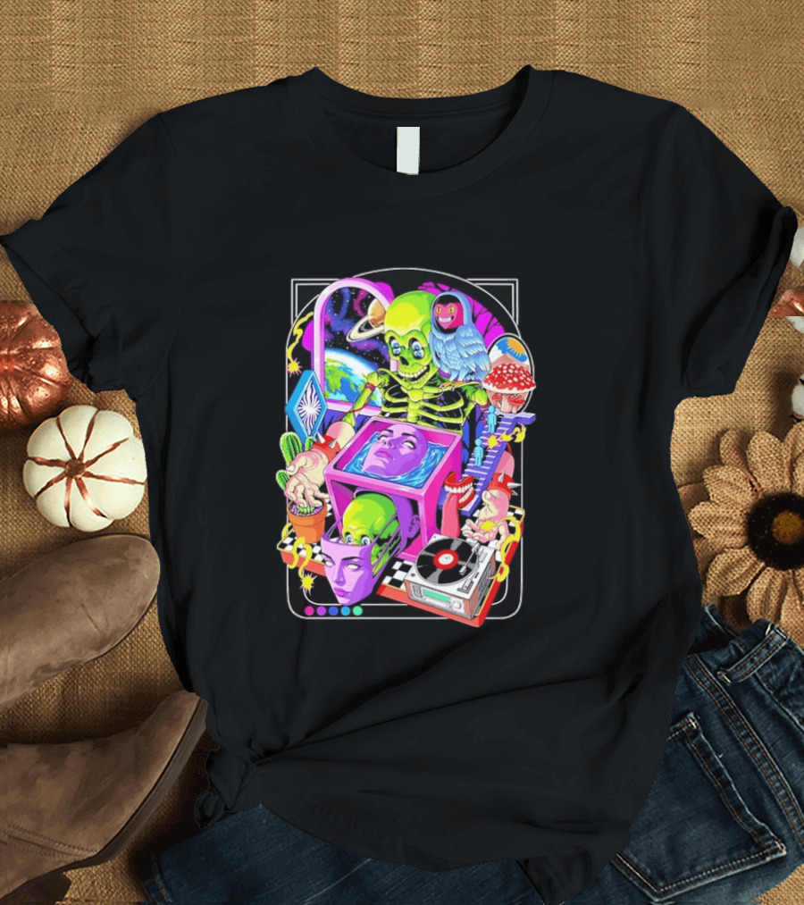 Green Skeleton Psychedelic Owl Surreal Heads Space Earth Trippy Mushrooms Record Player Adventure T-Shirt
