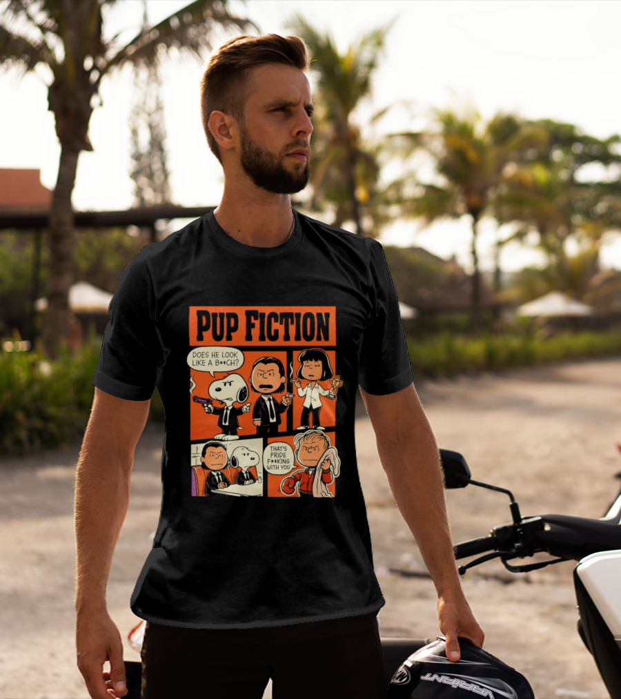 Peanuts Pup Fiction Does He Look Like A Bitch Snopy And Franklin Vincent Jules Mia T-Shirt