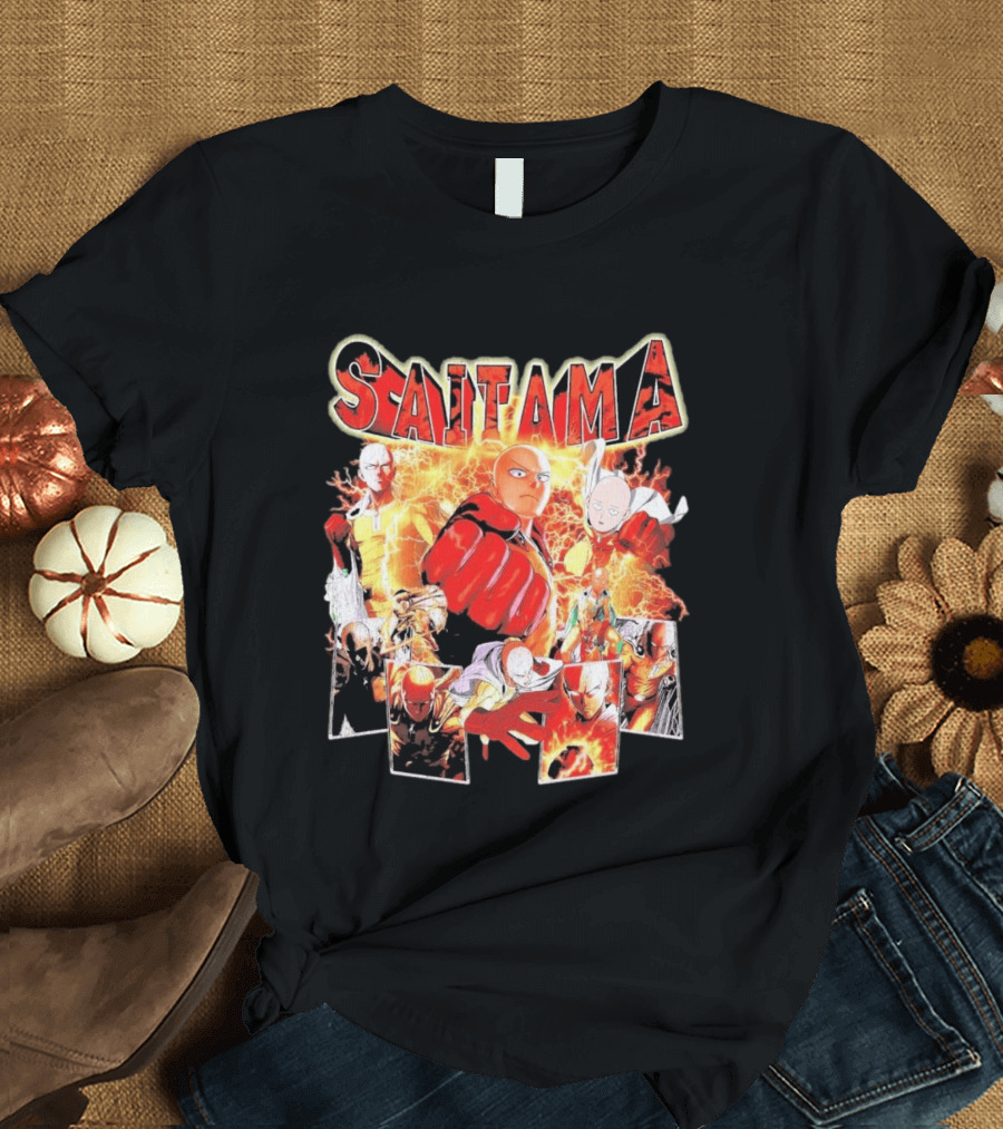 Saitama Hero Manga Character Collage With Lightning Fist T-Shirt