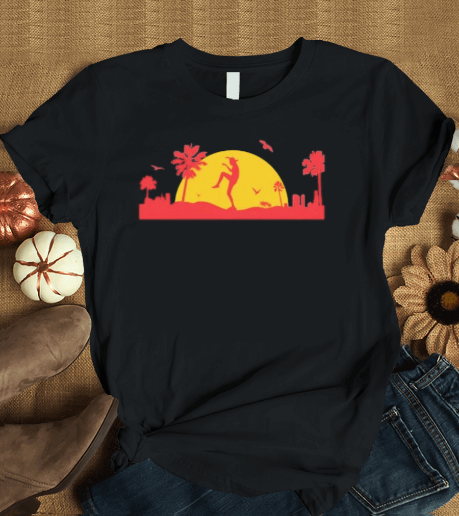 Cobra Kai Crane Kick Sunset Scene With Palm Trees And Birds T-Shirt