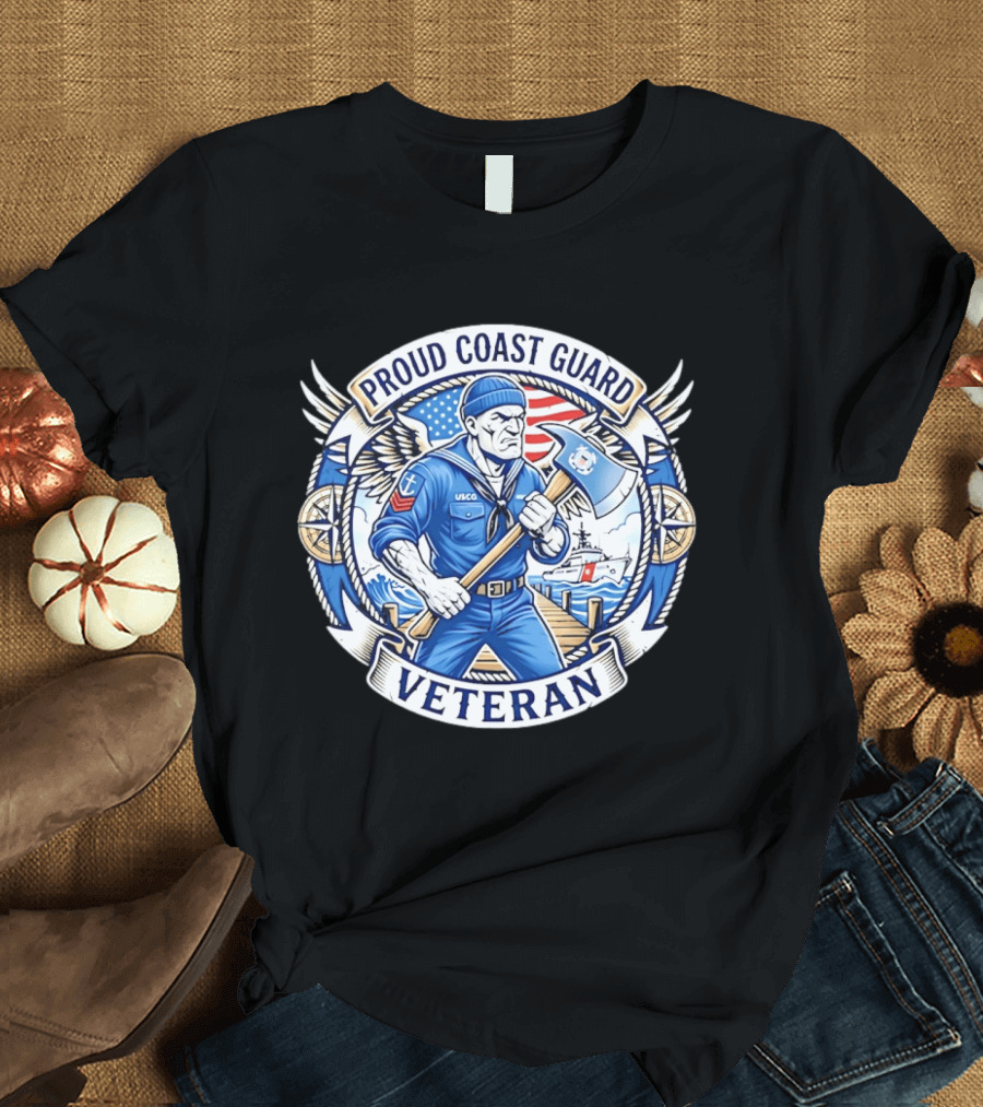Proud Coast Guard Veteran USCG Military Sailor With Axe And American Flag T-Shirt