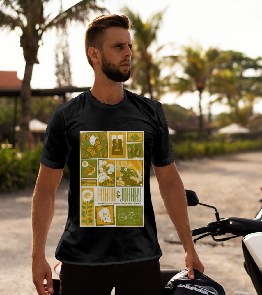 Hanah & Johnny May 30 2026 Ringer's Bar & Restaurant Slinger WI Butterfly Guitar Skull Bicycle Floral T-Shirt