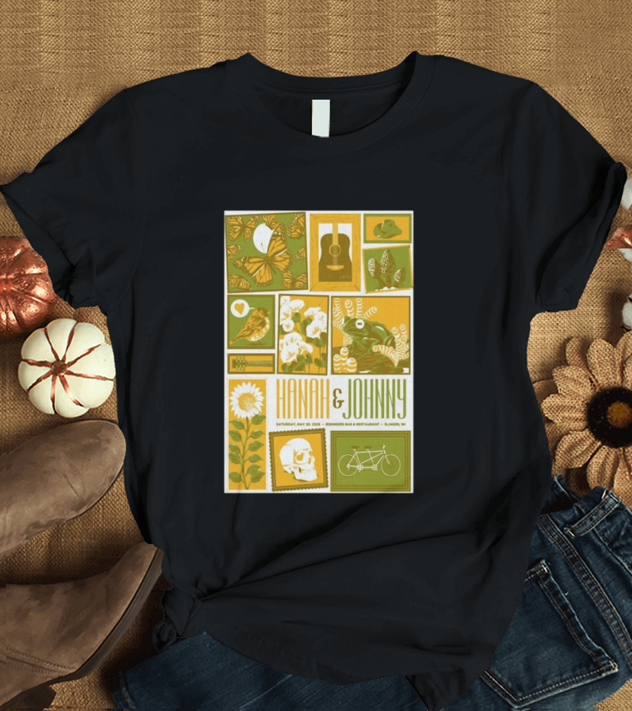Hanah & Johnny May 30 2026 Ringer's Bar & Restaurant Slinger WI Butterfly Guitar Skull Bicycle Floral T-Shirt