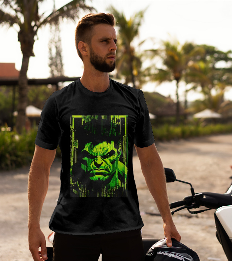 Hulk Glitch Digital Green Abstract Face T-Shirt