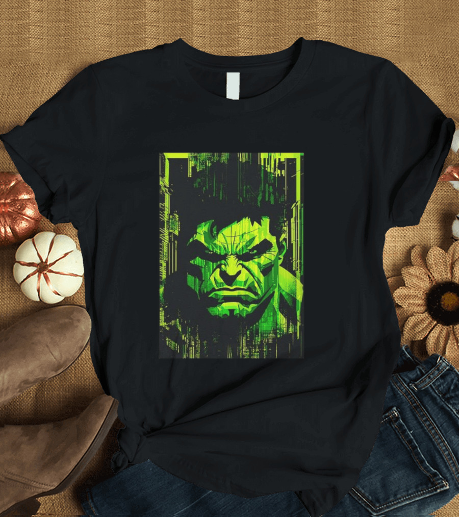 Hulk Glitch Digital Green Abstract Face T-Shirt