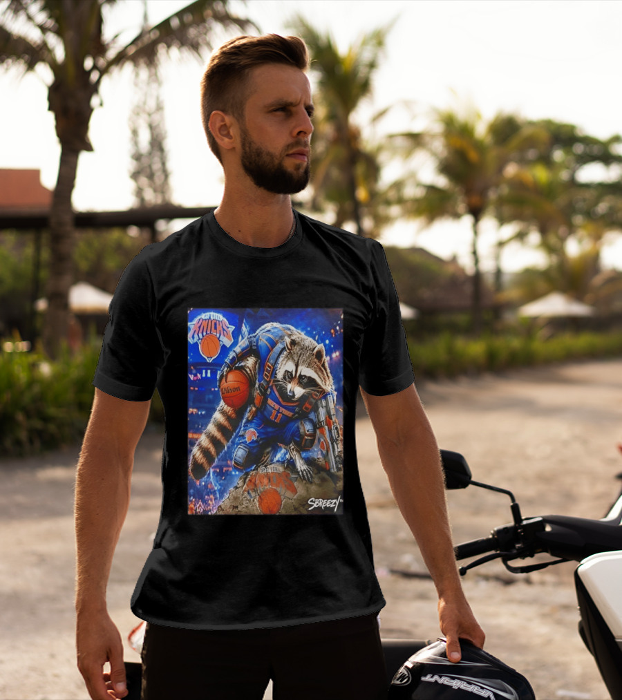 Rocket Raccoon New York Knicks Marvel Guardians NBA Crossover Wilson Ball T-Shirt