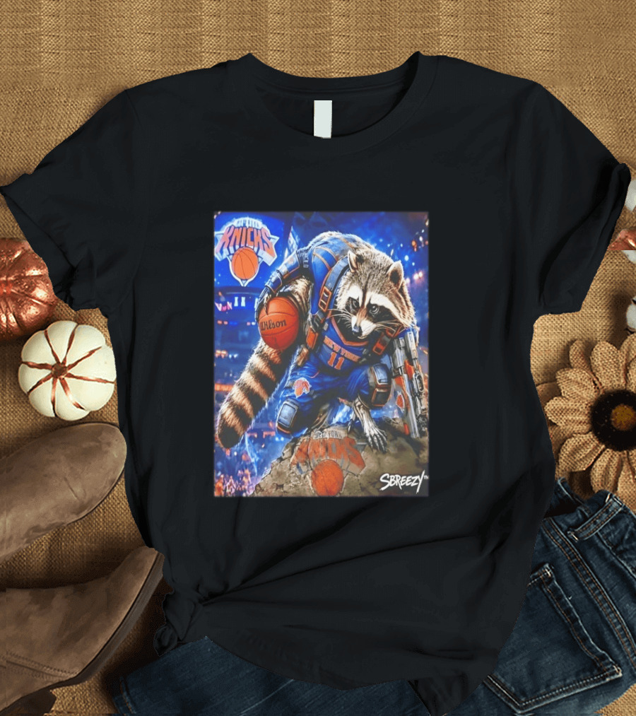 Rocket Raccoon New York Knicks Marvel Guardians NBA Crossover Wilson Ball T-Shirt