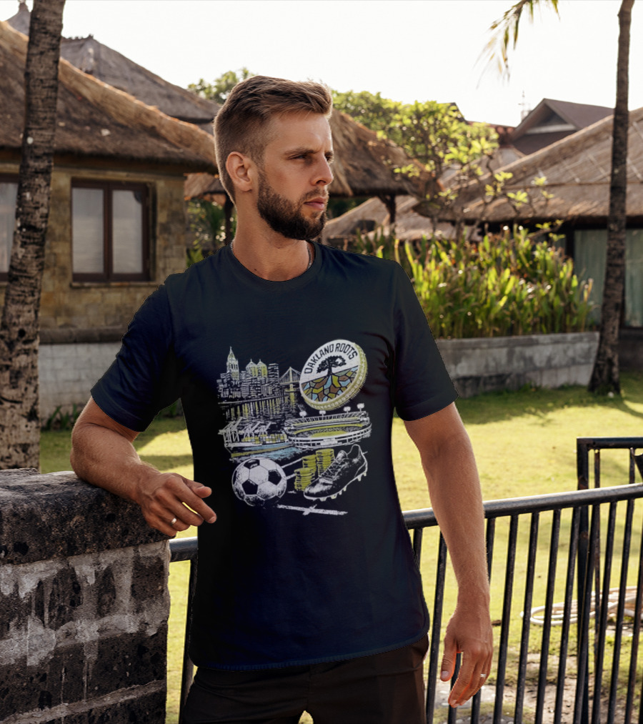 Oakland Roots Skyline Soccer Ball Stadium Ship And Coins T-Shirt