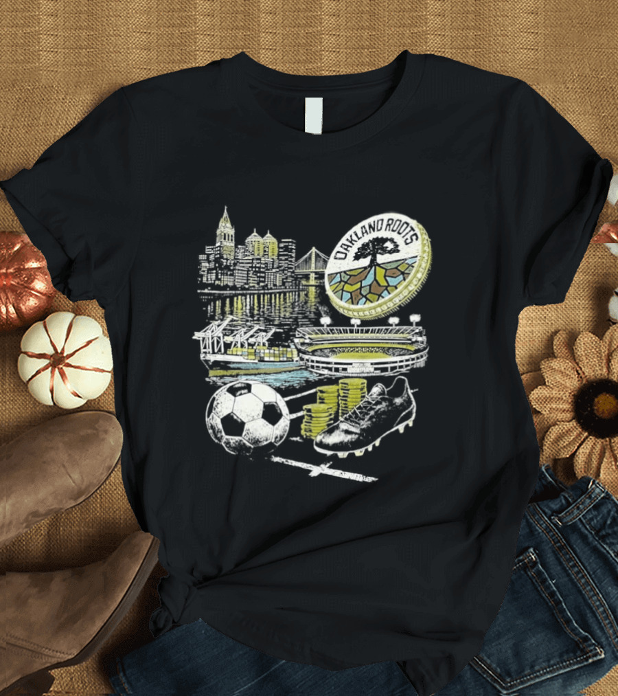 Oakland Roots Skyline Soccer Ball Stadium Ship And Coins T-Shirt