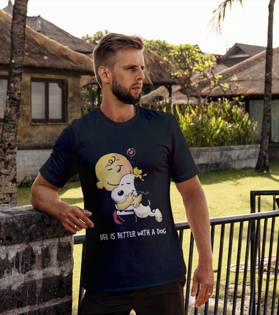 Snoopy Charlie Brown Life Is Better With A Dog Hugging Heart T-Shirt
