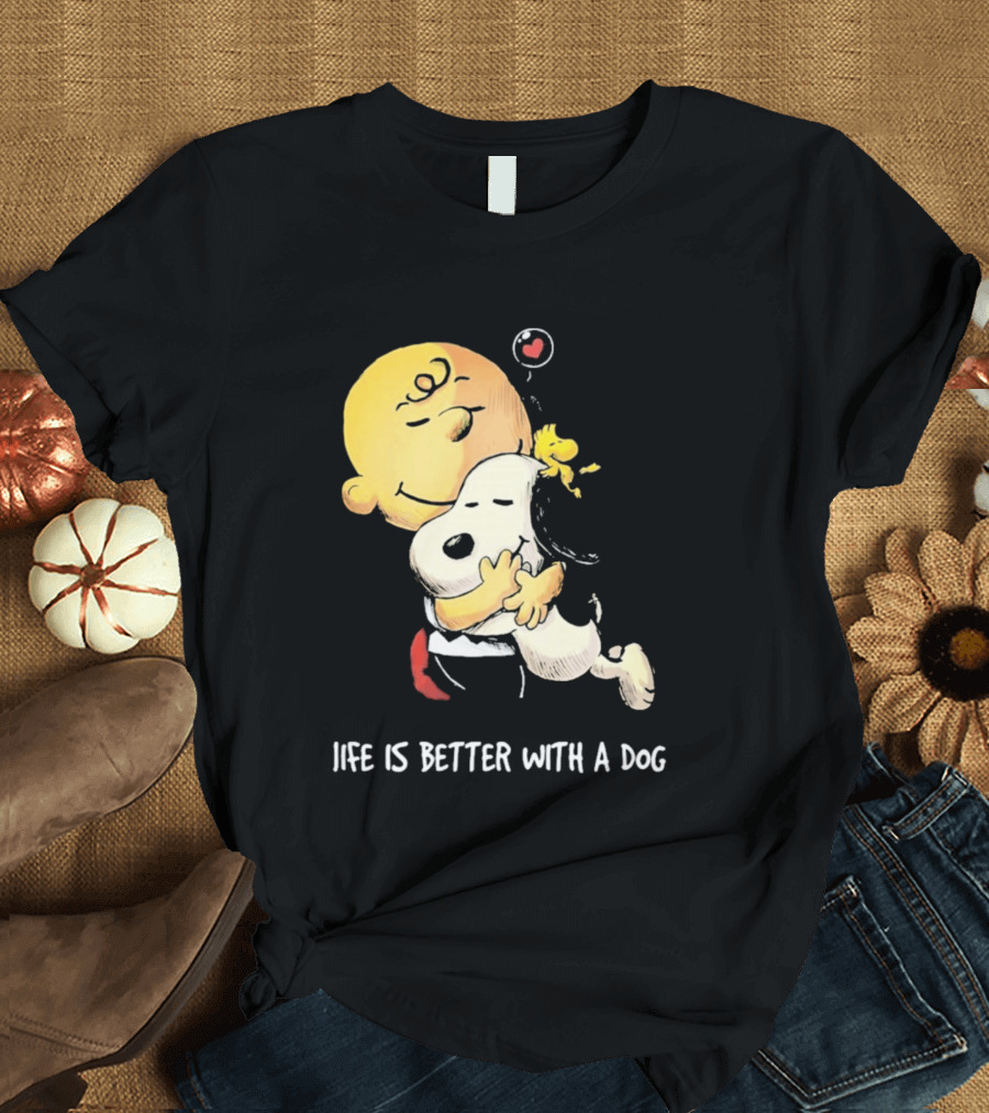 Snoopy Charlie Brown Life Is Better With A Dog Hugging Heart T-Shirt