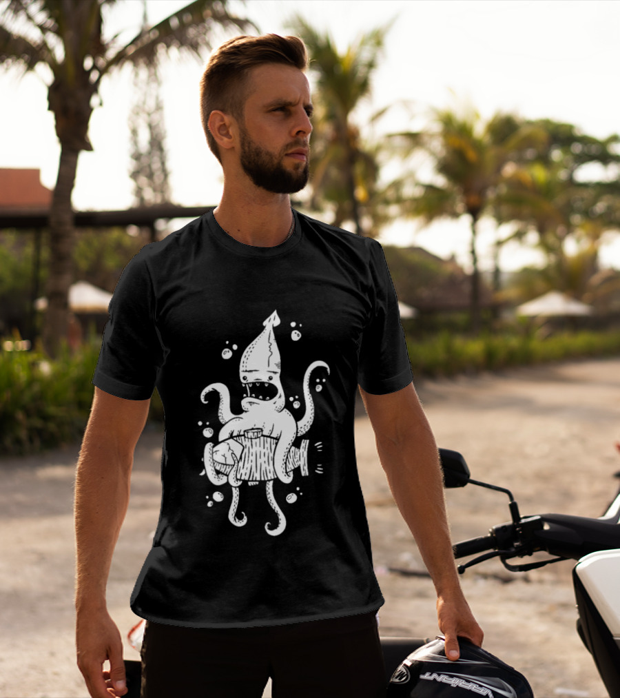 Squid Monster With Barrel Sea Creature Ocean Adventure T-Shirt