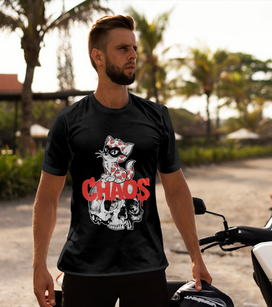 Chaos Cat Heart Pattern Masked Skull T-Shirt