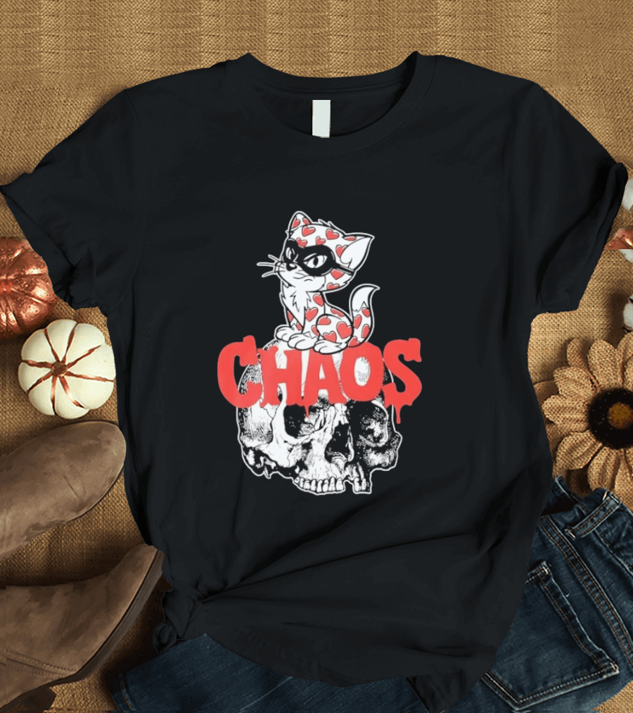 Chaos Cat Heart Pattern Masked Skull T-Shirt