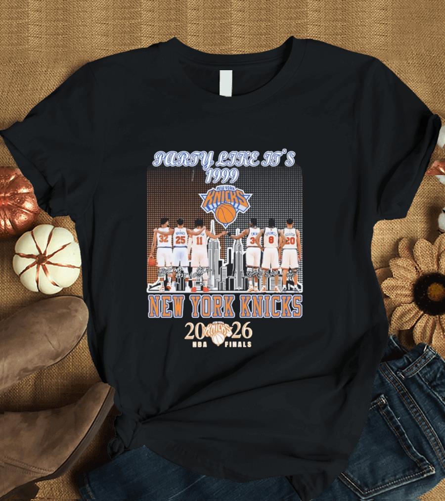 New York Knicks Party Like It's 1999 NBA Finals 2026 Karl Anthony Towns Mikal Bridges Jalen Brunson Patrick Ewing Latrell Sprewell T-Shirt