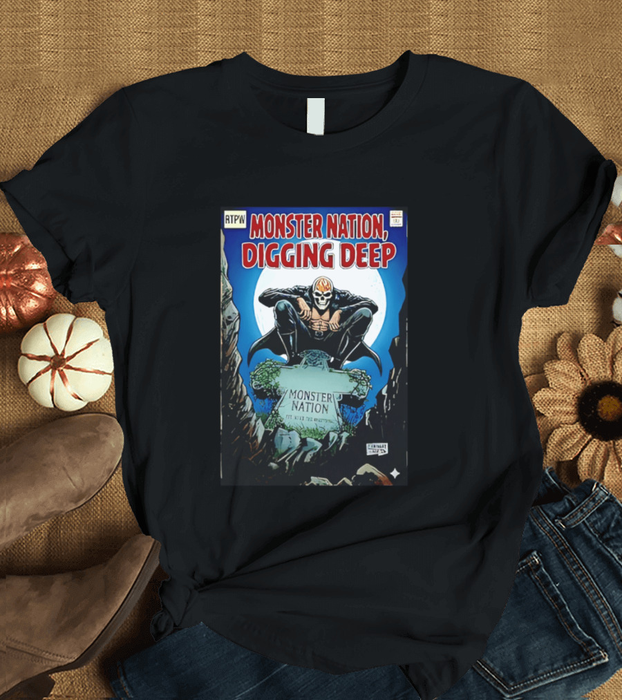 Monster Nation Digging Deep Comic Cover Tombstone Skeleton Superhero T-Shirt