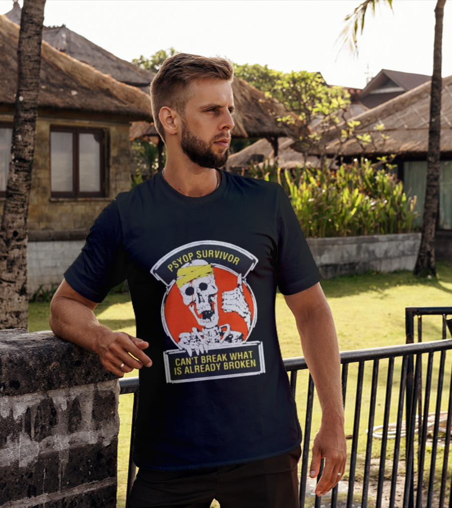 Psyop Survivor Skeleton Can't Break What Is Already Broken Yellow Bandana Thumbs Up T-Shirt