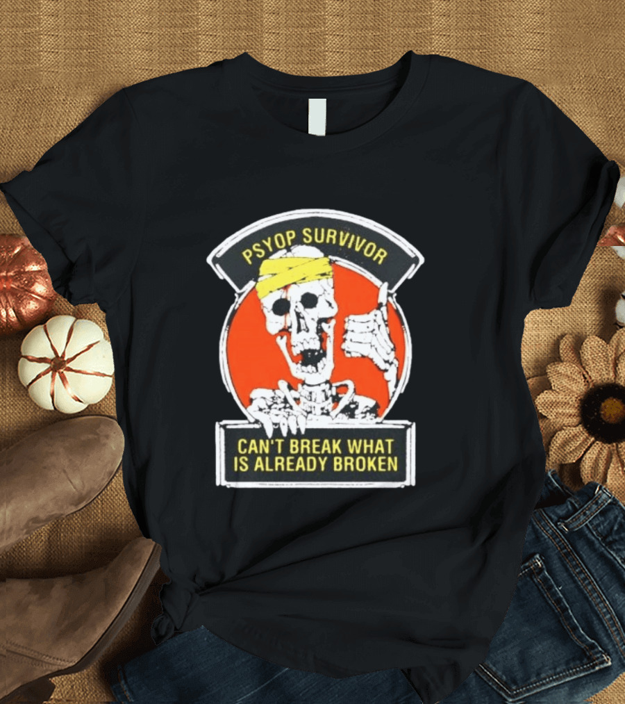 Psyop Survivor Skeleton Can't Break What Is Already Broken Yellow Bandana Thumbs Up T-Shirt