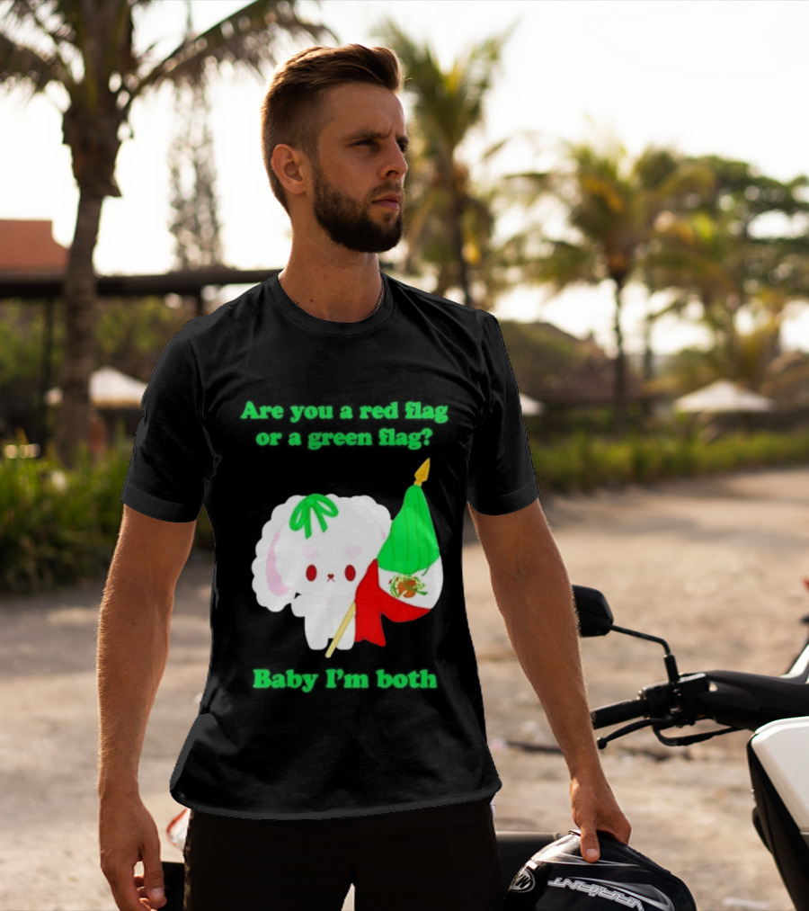 Nonomochi Mexico Flag Are You A Red Flag Or A Green Flag Cute Bunny Holding Mexican Flag T-Shirt