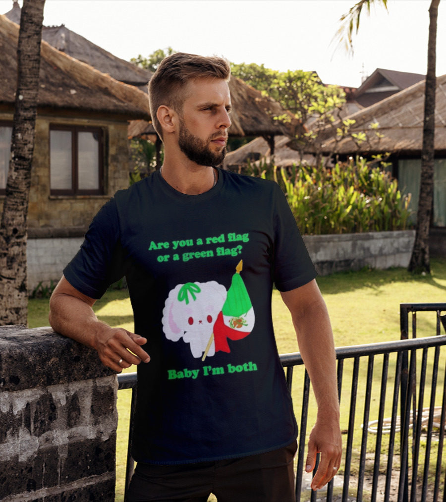Nonomochi Mexico Flag Are You A Red Flag Or A Green Flag Cute Bunny Holding Mexican Flag T-Shirt