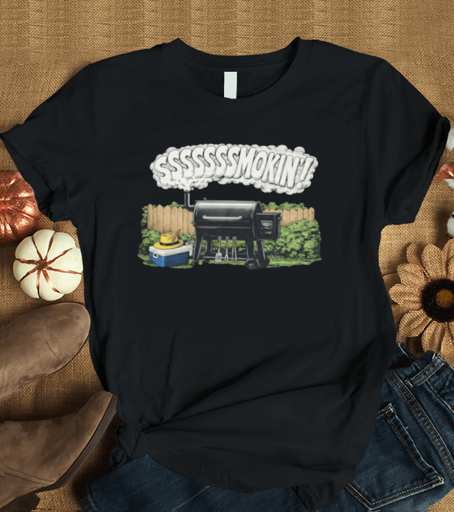 Ssssssmokin Pellet Grill Backyard Barbecue Scene T-Shirt