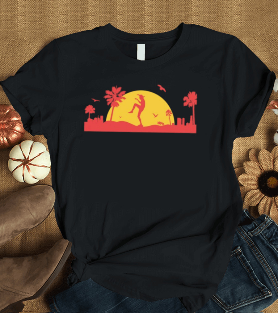 Sunset Crane Club Martial Arts Silhouette With Palm Trees And Birds T-Shirt