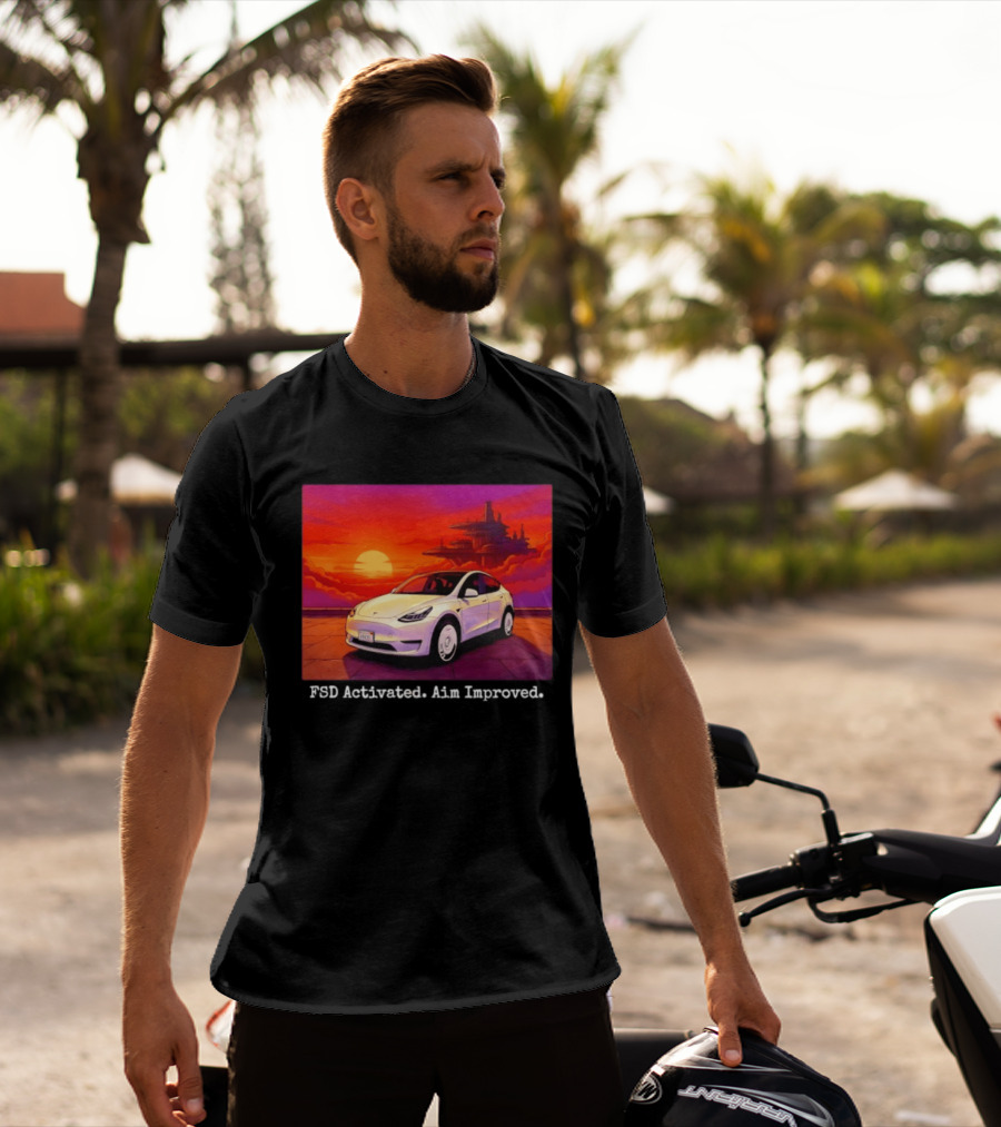 Tesla Model Y FSD Activated Aim Improved Sunset Futuristic City Scene T-Shirt