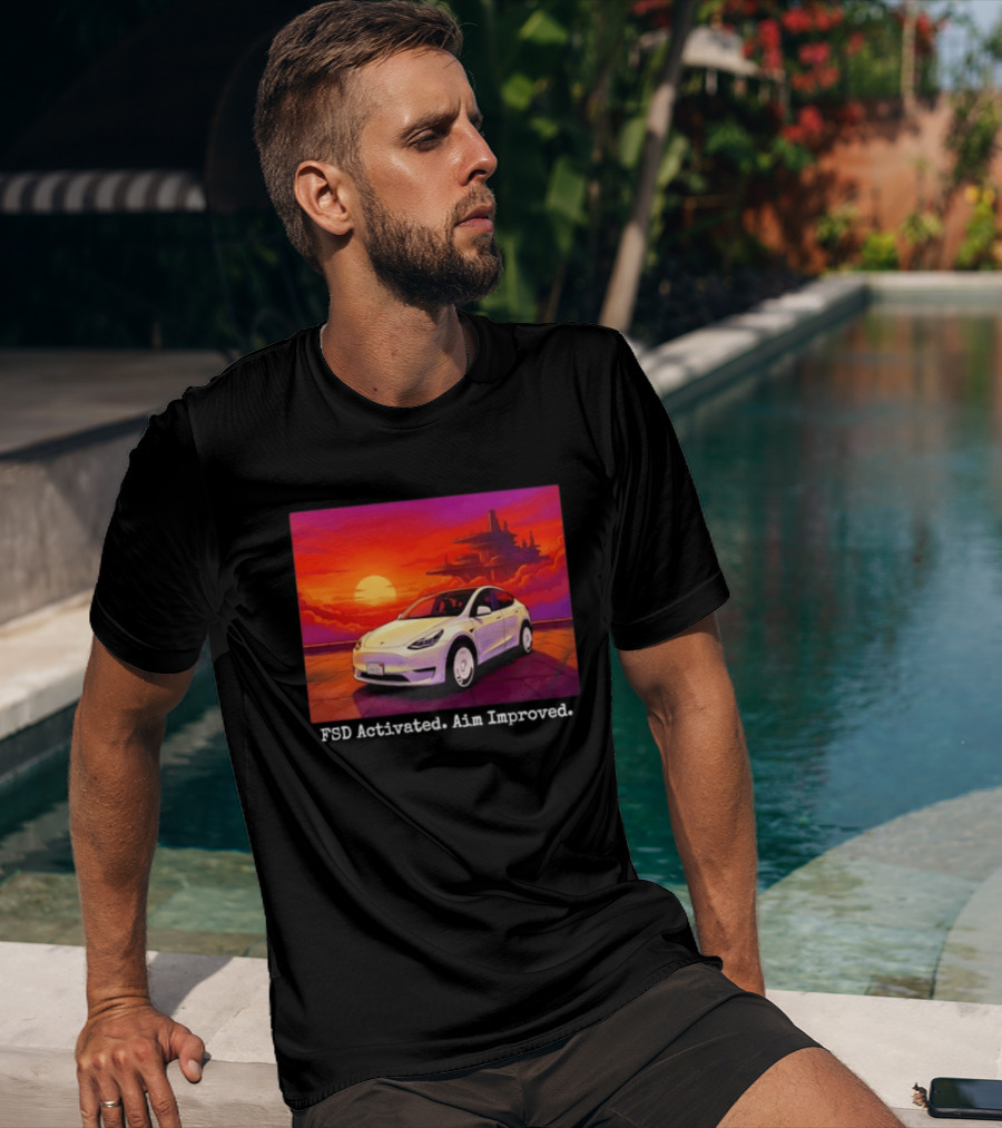 Tesla Model Y FSD Activated Aim Improved Sunset Futuristic City Scene T-Shirt