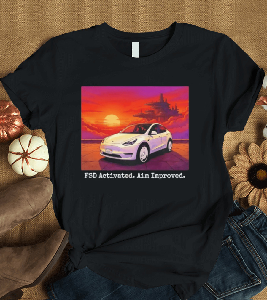 Tesla Model Y FSD Activated Aim Improved Sunset Futuristic City Scene T-Shirt