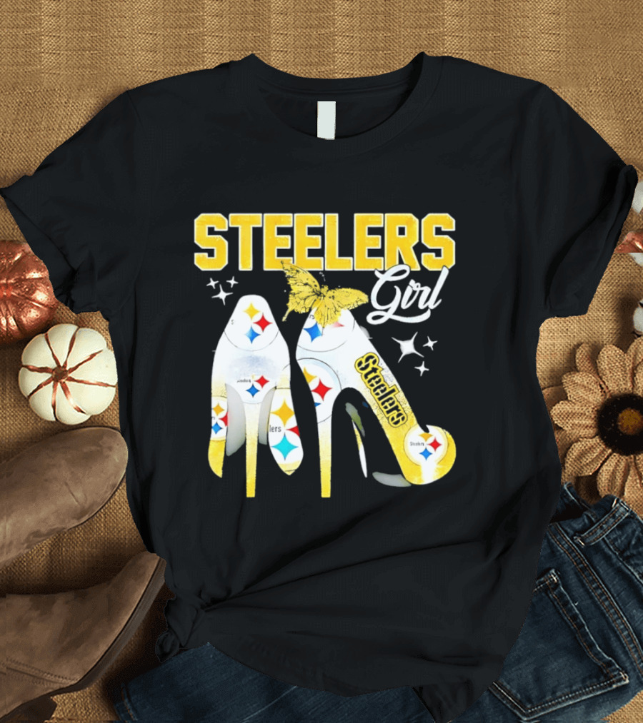 Steelers Girl High Heels With Butterfly And Stars T-Shirt