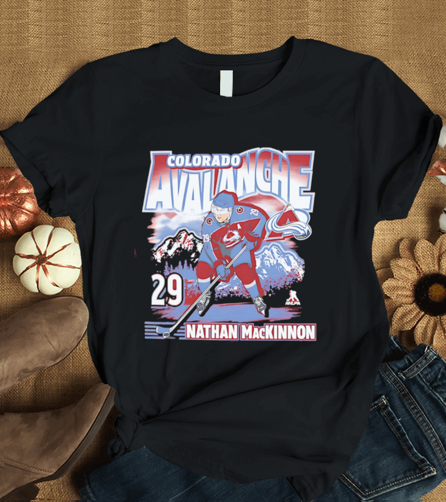 Colorado Avalanche Nathan MacKinnon 29 Hockey Mountain Scene T-Shirt