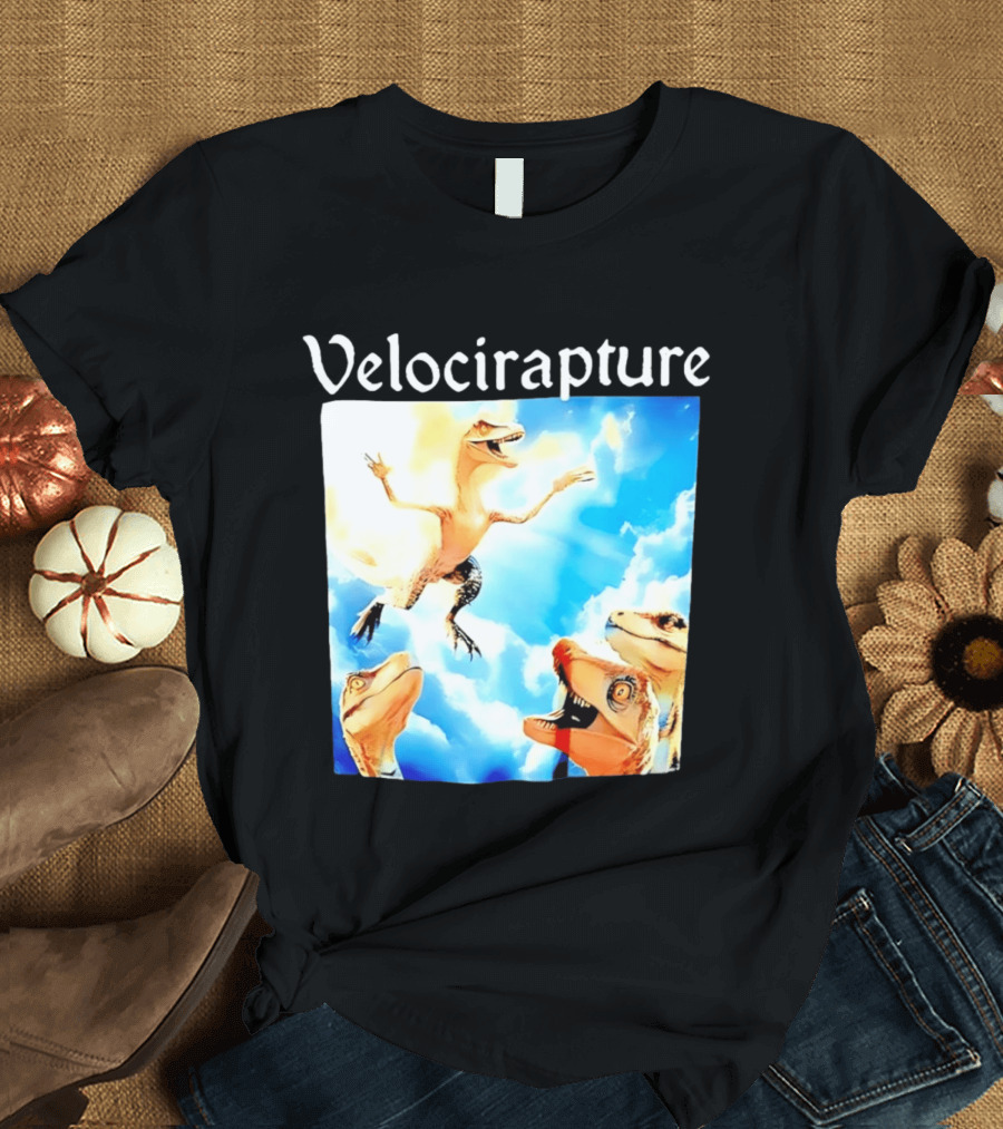 Velocirapture Dinosaur Raptor With Clouds And Blue Sky T-Shirt
