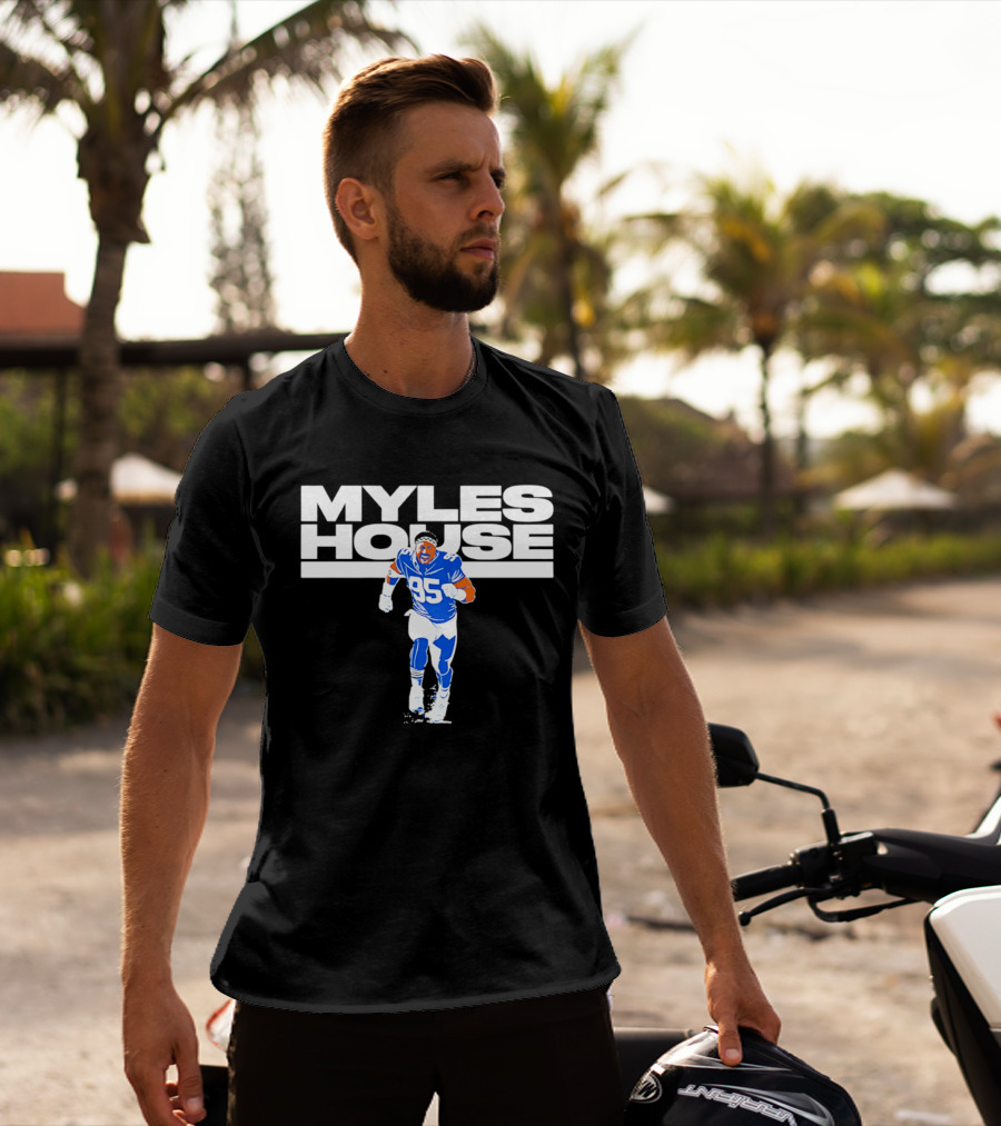 Myles Garrett Myles House 95 Football Player Blue And White T-Shirt