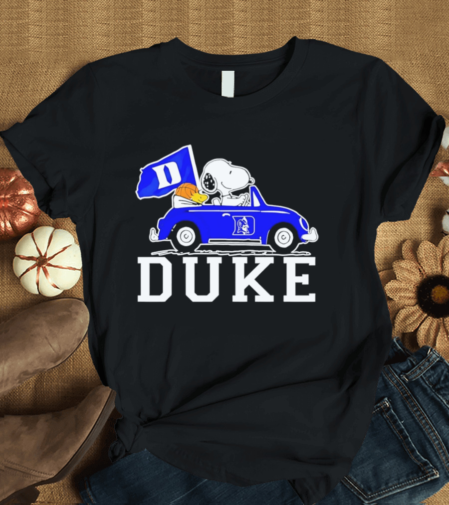 Snoopy And Woodstock Driving Duke Blue Car With Duke Blue Devils Flag T-Shirt