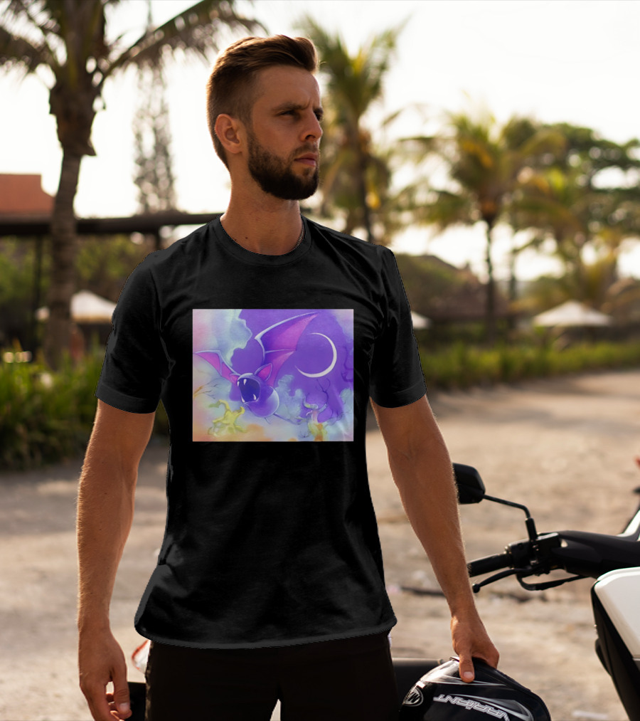 Spooky Bat With Pink Wings Flying Under Crescent Moon Halloween Night Scene T-Shirt
