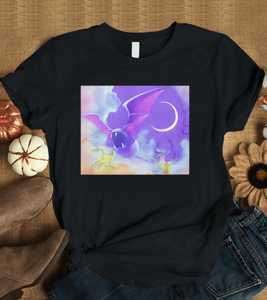 Spooky Bat With Pink Wings Flying Under Crescent Moon Halloween Night Scene T-Shirt