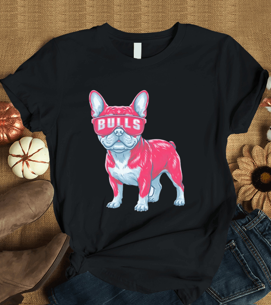Chicago Bulls French Bulldog Wearing Bulls Glasses T-Shirt