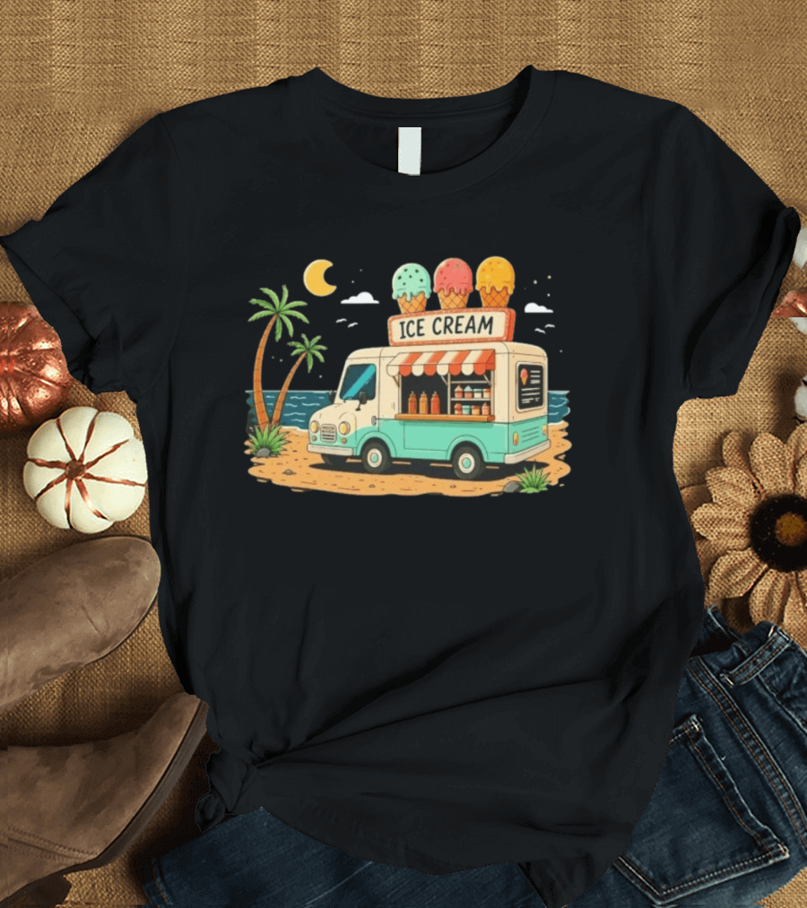 Ice Cream Truck Beach Night Tropical Ocean Summer Waves T-Shirt