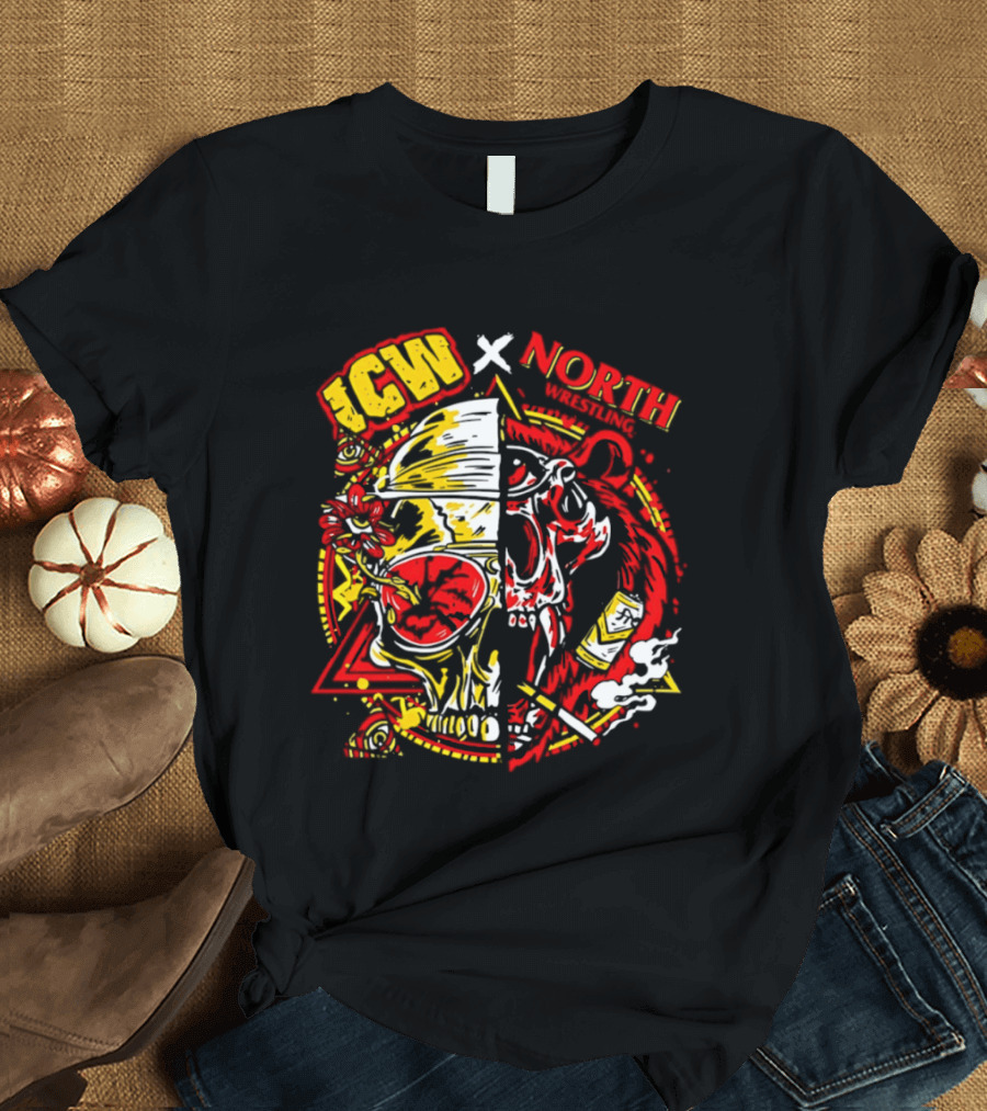 ICW X North Wrestling Split Skull Bear Head Concert Band T-Shirt