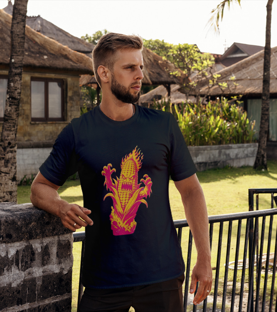 Fiery Mutant Corn Monster Kernels Of Terror Halloween Evil Cob T-Shirt