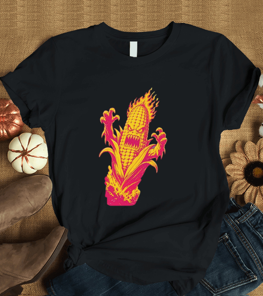 Fiery Mutant Corn Monster Kernels Of Terror Halloween Evil Cob T-Shirt