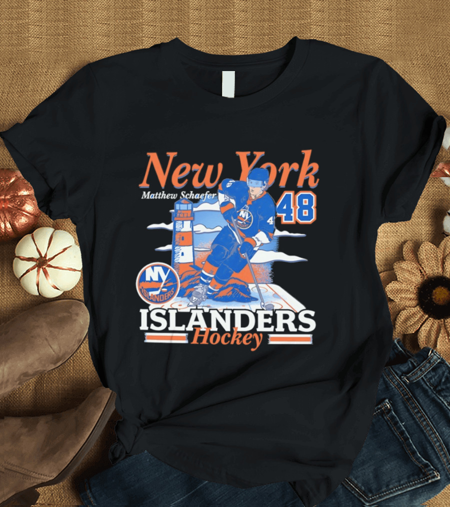 New York Islanders Hockey Matthew Schaefer 48 Player Lighthouse T-Shirt