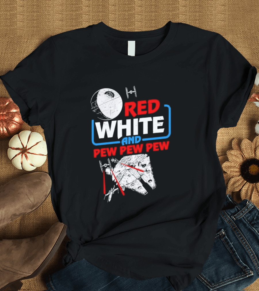 Star Wars Millennium Falcon Red White And Pew Pew Pew Death Star Tie Fighter T-Shirt