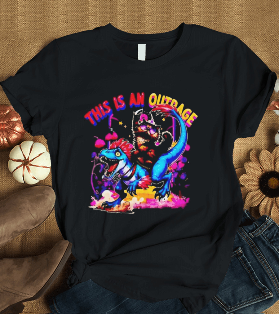 This Is An Outrage Cat Riding Blue Raptor Dinosaur Jurassic T-Shirt