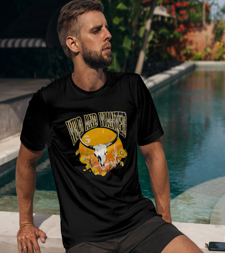 Wild And Wanted Bull Skull Sun Moon Desert Cactus Flowers Western Boho T-Shirt