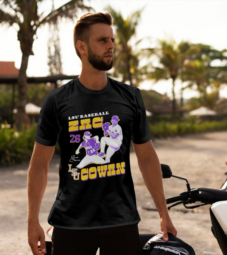 LSU Baseball Zac Cowan 26 Pitching Action Pose T-Shirt