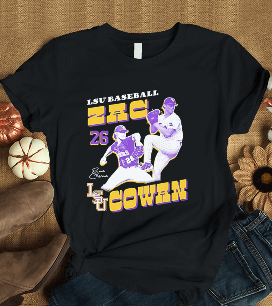 LSU Baseball Zac Cowan 26 Pitching Action Pose T-Shirt