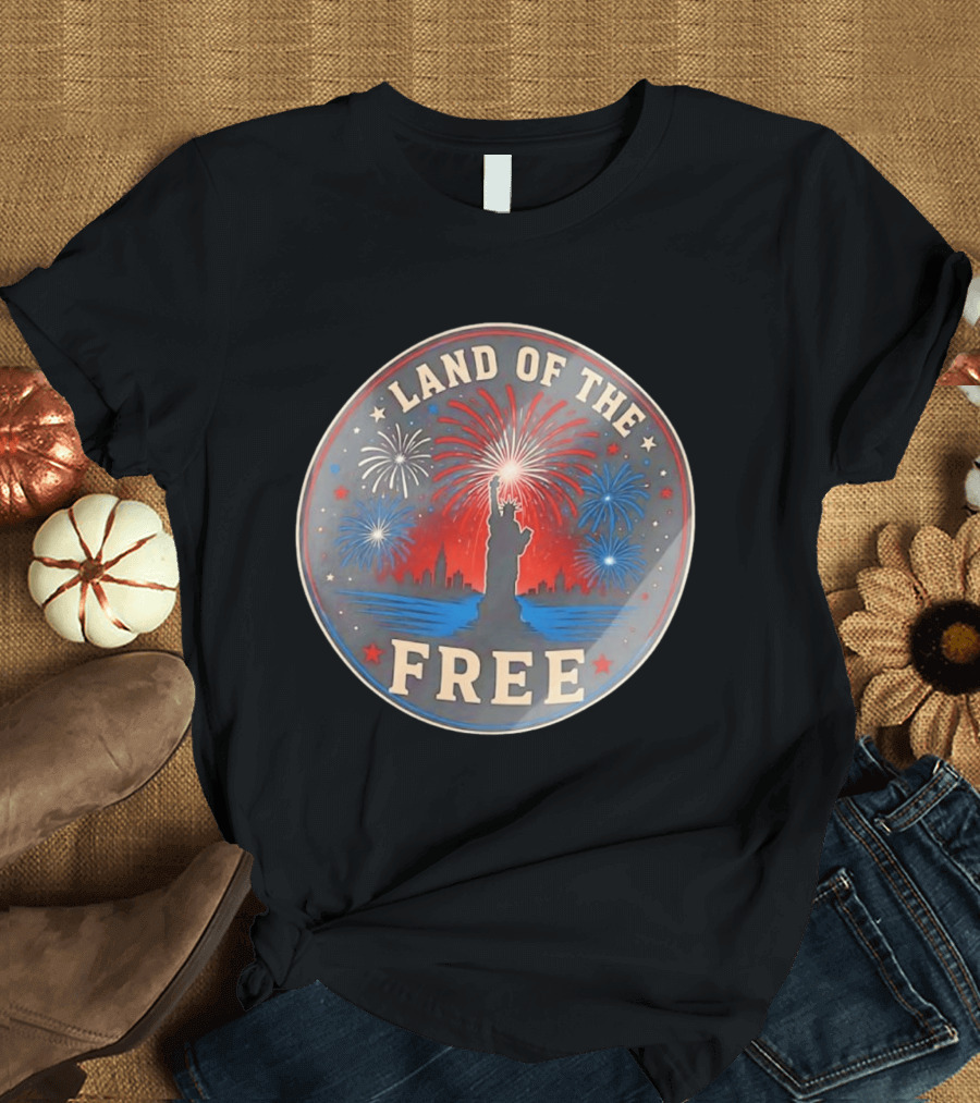 Land Of The Free Statue Of Liberty Fireworks Skyline T-Shirt