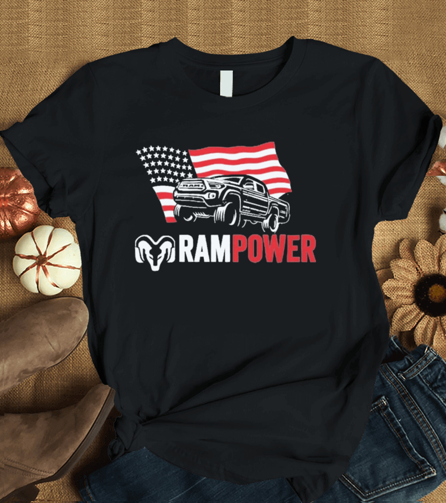 RAMPOWER American Flag Truck And Ram Head T-Shirt
